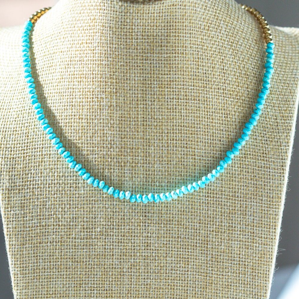 STUNNING Turquoise Beaded Necklace Waterproof Gold Beads & Chain Summer Necklace